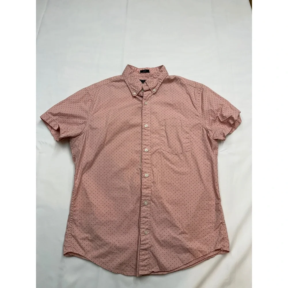 JCREW Mens Medium Slim Fit Pink Rose Polka Dot Short Sleeve Button Up Shirt Z14